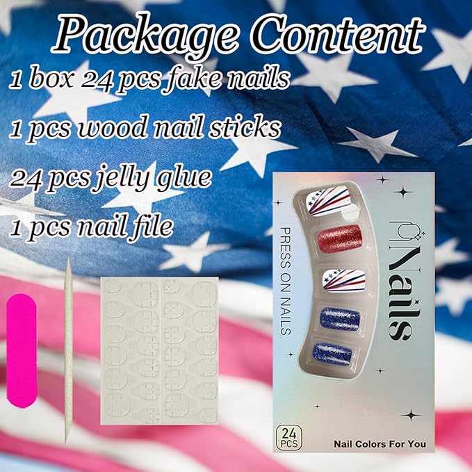 24Pcs Independence Day Press on Nails Medium Square Fake Nails Red Blue Glitter Full Cover False Nails Patriotic Artificial Glue on Nails 4th of July Acrylic Nails Stripe Star Stick on Nails for Women