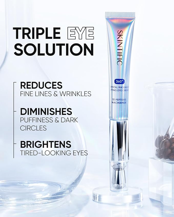360° Crystal Massager Lifting Eye Cream, Reduces Puffiness, Nourishes Eye Area with 3D Peptides, Niacinamide & Caffeine