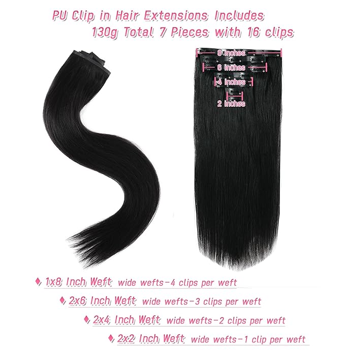 Essent Seamless Sleek Straight Clip in Hair Extensions Seamless Real Human Hair, 22 Inch 1Pack 130g 7Pcs Human Hair Extensions for Women Natural Black