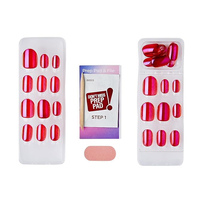 KISS colorFX by imPRESS Press On Nails , ‘Floating’, Solid Red with Pearlescent Finish, Short Oval, IMPROVED adhesive, Includes 30 Fake Nails, Prep Pad, 1 Manicure Stick, 1 Mini Nail File