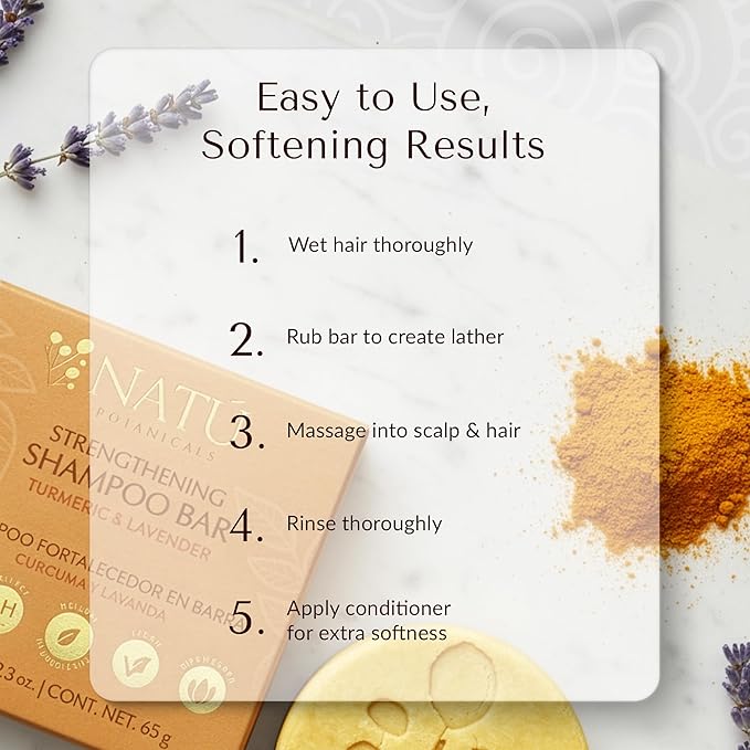 NATÚ BOTANICALS Strengthening Solid Shampoo Bar – Turmeric & Lavender - Clarifying Shampoo with Tea Tree Oil For Scalp - Moisturizes, Strengthens & Soothes Hair & Scalp - Sulfate & Paraben-Free, 2.3oz
