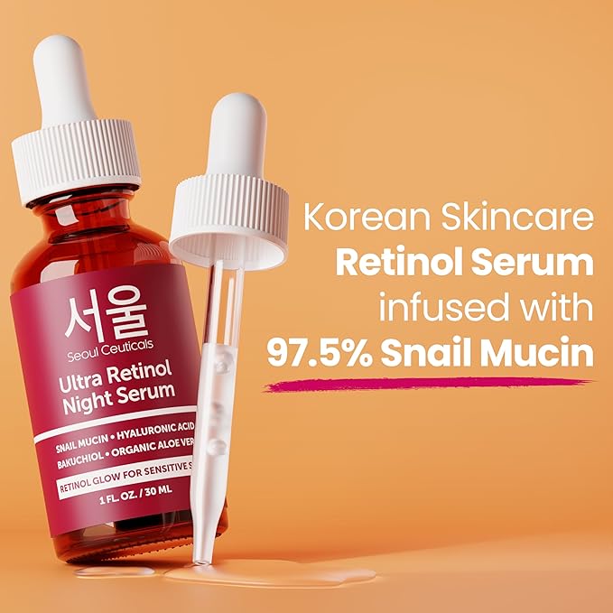 SeoulCeuticals 1% Korean Retinol Night Serum for Face - 97.5% Snail Mucin + Hyaluronic Acid + Bakuchiol, Cruelty Free K Beauty for Sensitive Skin 1oz