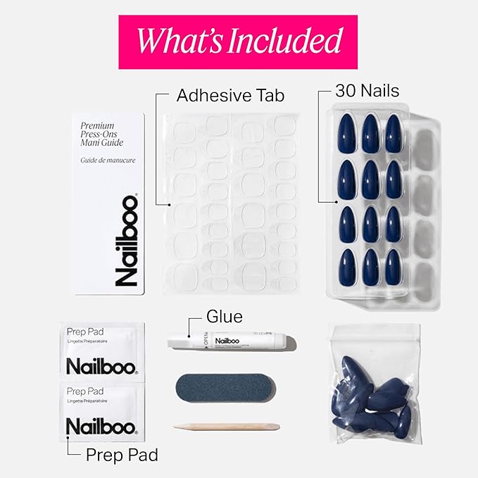Nailboo Press On Nails, Salon-Quality Reusable Fake Nails for Fast DIY Manicure with Strong Hold Nail Glue for Press Ons, Nail File, & Alcohol Prep Pads, Ocean Blue