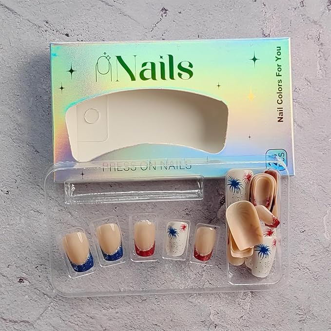 24Pcs Independence Day Press on Nails Medium French Tip Fake Nails Glitter Firework Full Cover Square Glue on Nails 4th of July Acrylic Nails Patriotic False Nails French Artificial Stick on Nails