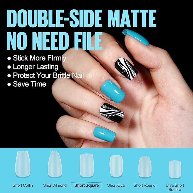 TOMICCA Short Coffin Nail Tips, 450Pcs Soft Pre Shaped Gel Fake Nails, 15 Sizes Full Cover Double-sided Matte Press on Flase Nail Tips for Home DIY Nail Art Women Girls