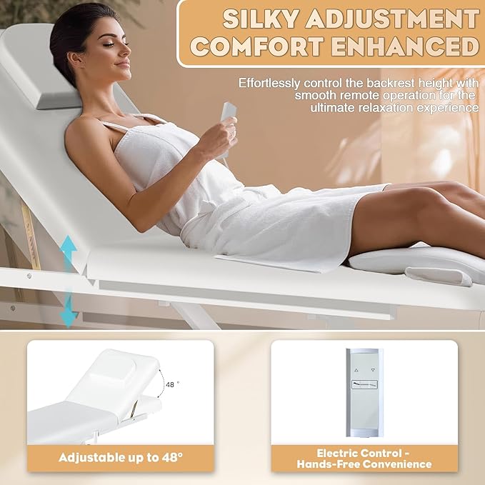 Electric Adjustable Backrest Massage Table for Esthetician, Heavy Duty Professional Electric Lift Massage Bed for Spa Treatment, Salon, Physical Therapy, Facial, Tattoo, Reiki, and Beauty, White