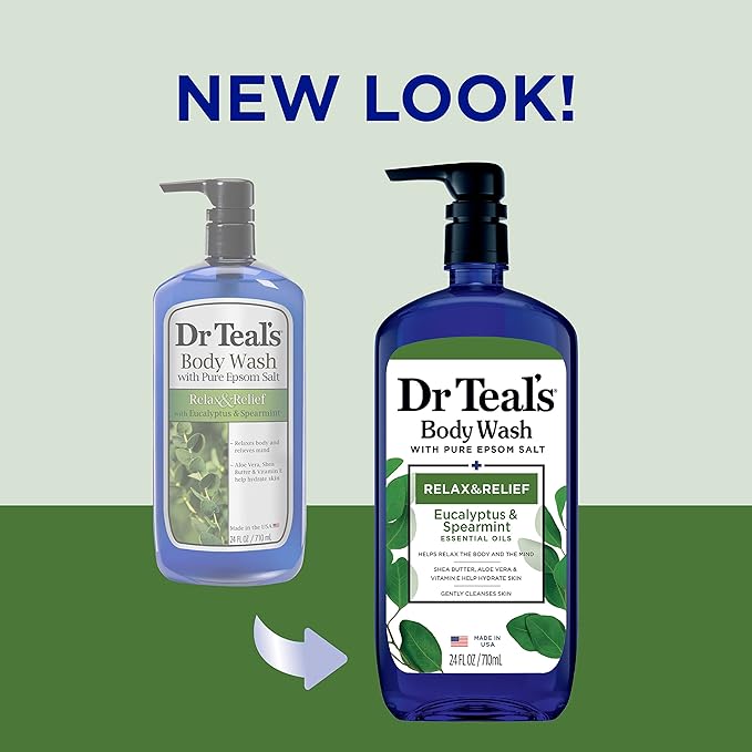 Dr Teal's Body Wash with Pure Epsom Salt, Relax & Relief with Eucalyptus & Spearmint, 24 fl oz (Pack of 4) (Packaging May Vary)
