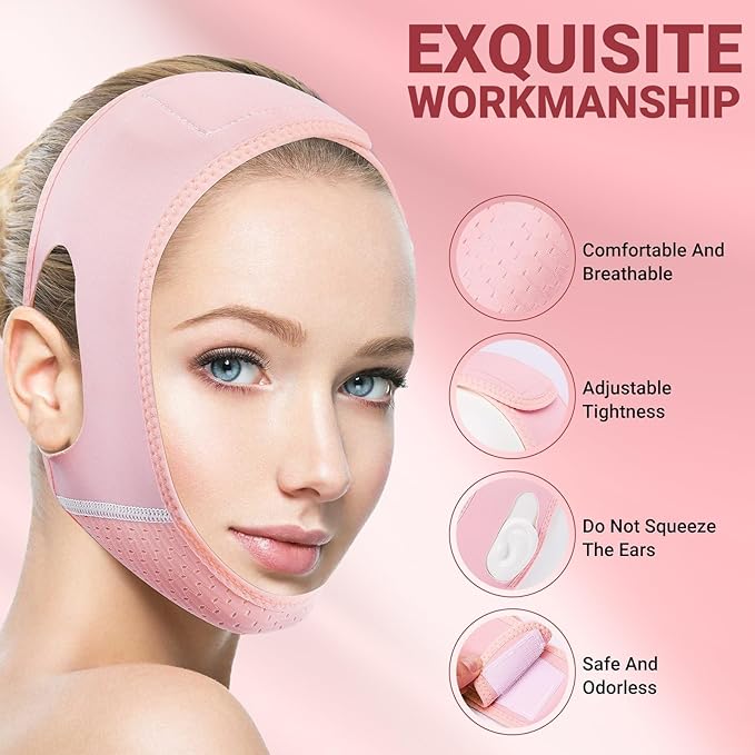 Reusable V Line Lifting Mask with Chin Strap for Sleeping,Face Lift Prevent Sagging, Jaw Exerciser,Pink,M