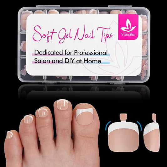 Vansiho 150 pcs Fake Toe Nail Tips Press on, French Tip Soft Gel Toenail Extension, Square Round Toenail Pre-applied Tip Primer & Base Coat, Soft Gel Fake Toe Nails for Home DIY 15 Sizes
