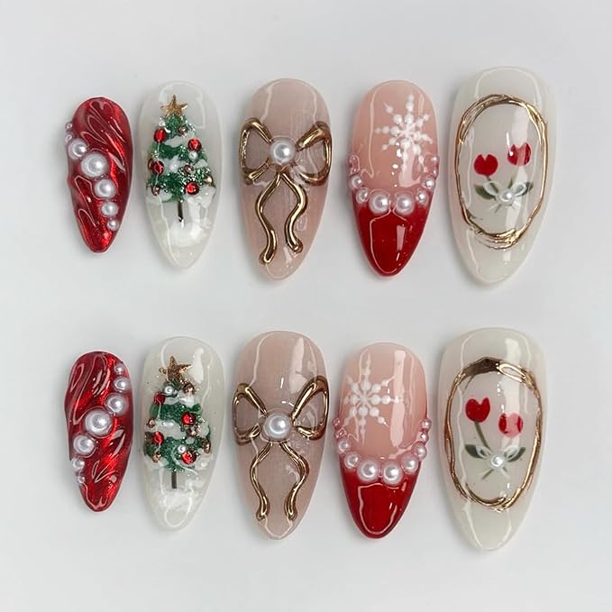 30Pcs Christmas Press on Nails Medium Almond Fake Nails 3D Gold Bow Christmas Trees Snowflake False Nails with Pearl Rhinestones Design Red French Tips Glue on Nails for Women Winter Nail Decortion