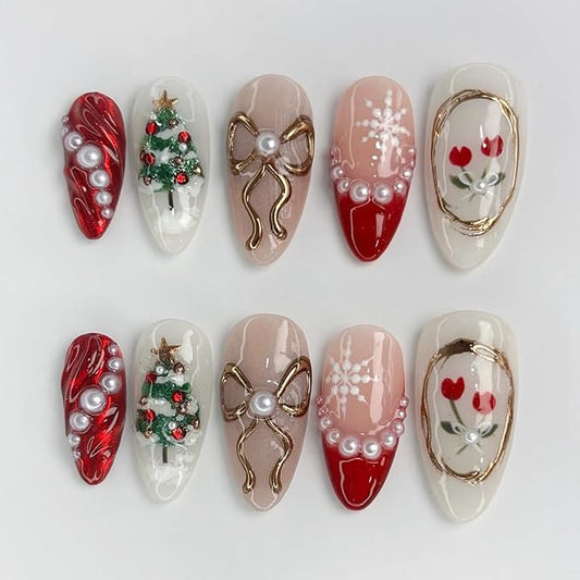 30Pcs Christmas Press on Nails Medium Almond Fake Nails 3D Gold Bow Christmas Trees Snowflake False Nails with Pearl Rhinestones Design Red French Tips Glue on Nails for Women Winter Nail Decortion