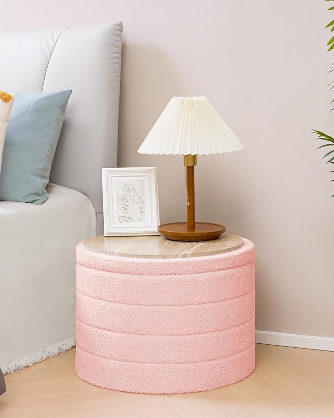 B FSOBEIIALEO Ottoman with Stroage, Round Sherpa Storage Ottoman Stool, Boucle Foot Rest22 x 22"x15.75" (Pink
