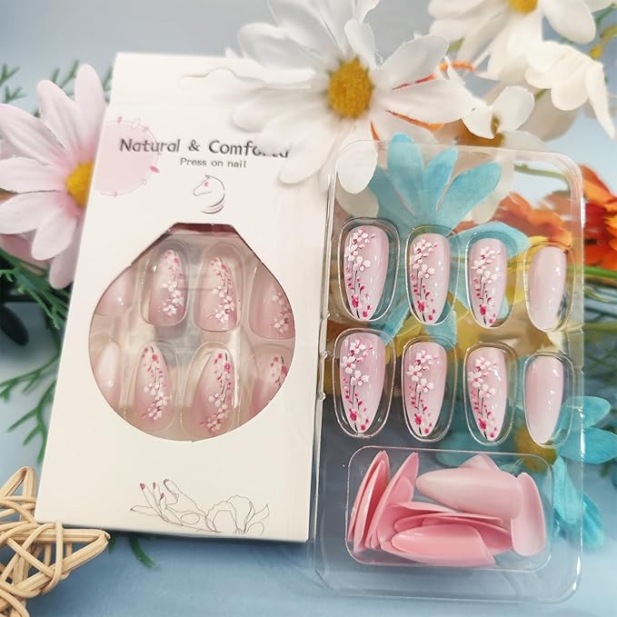 Plum Blossom Press on Nails 24Pcs Flower Acrylic Full Cover Fake Nails Peach Blossoms Gel Glue on Fingernail Glossy Pink Gradient Medium Almond False Nail Summer Stick on Nail for Holiday Manicure Art