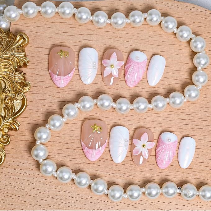 French Tip Press on Nails Short Almond Summer Fake Nails with 3D Flower Starfish Design Reusable Artificial Handmade False Nails Pink White Glossy Glue on Nails for Women Girls Acrylic Nails DIY 10Pcs