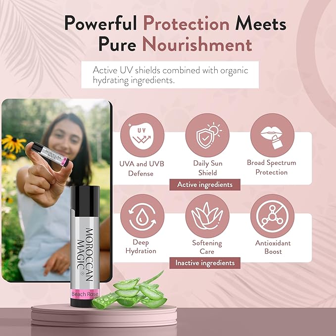 Moroccan Magic Beach Rose SPF 15 Lip Balm - Rose Vanilla | Argan Oil & Essential Oils | Family Owned | Cruelty Free | 2 Pack