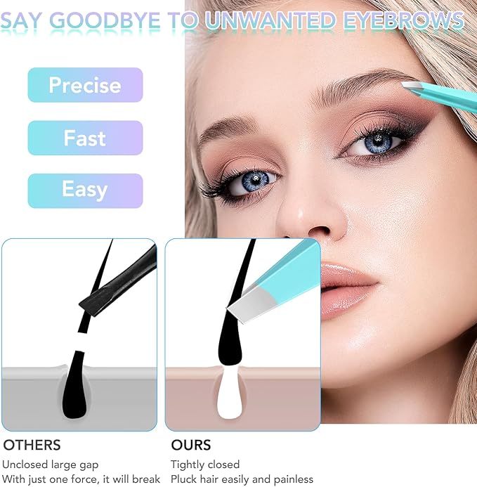 Tweezers Set and Nail Clippers 8Pcs Precision No Gaps Eyebrow Tweezer Kit for Facial Hair Men & Women Travel Tweezers with Leather Case (Violet/Cyan)