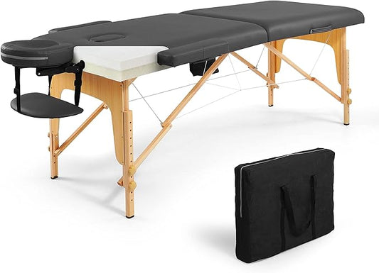 Fencer Wire 84 Inch Premium Memory Foam Massage Table, Foldable Massage Bed, Height Adjustable Spa Bed, Facial Cradle Salon Bed Wooden Legs & Carry Case, Black, 28 Inch Wide