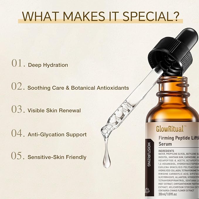 GlowRitual Firming Peptide Lifting Serum — Hydrating, Anti-Aging Face Glow Serum for Women; Natural Ingredients, Multi-Peptides & Collagen Formula, Boosts Elasticity & Radiance, Smooths Fine Lines