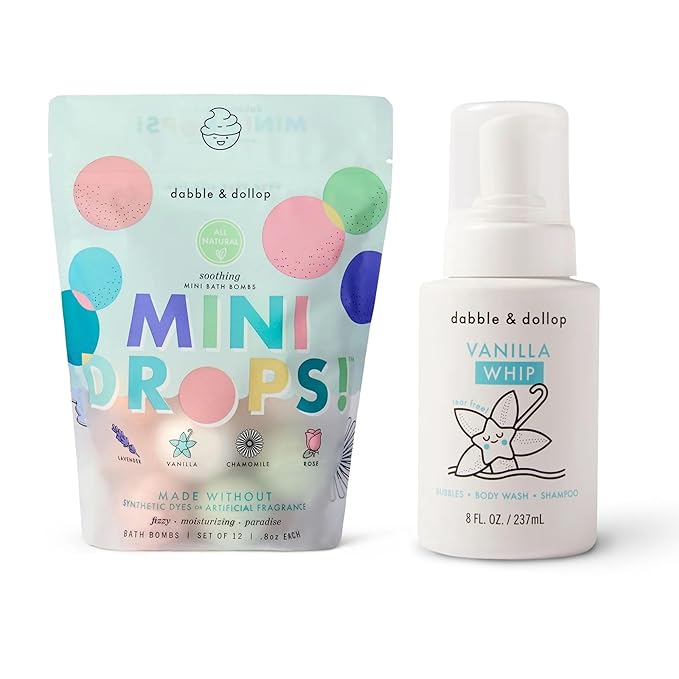 Dabble & Dollop Soothing Mini Bath Bombs & Vanilla Shampoo, Body Wash and Bubble Bath for Kids - All Natural, Resealable Pouch, Foaming Whip, Vegan, Gluten-Free, Cruelty-Free (Pack of 2)