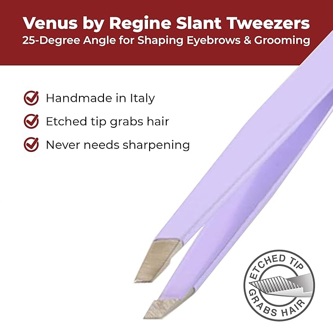 Venus by Regine Slant Tweezers - Handmade Precision Tool for Women & Men, 25-Degree Angle for Shaping Eyebrows & Grooming Facial Contours, Suitable for Eyebrow & Facial Hair Removal (Lavender)
