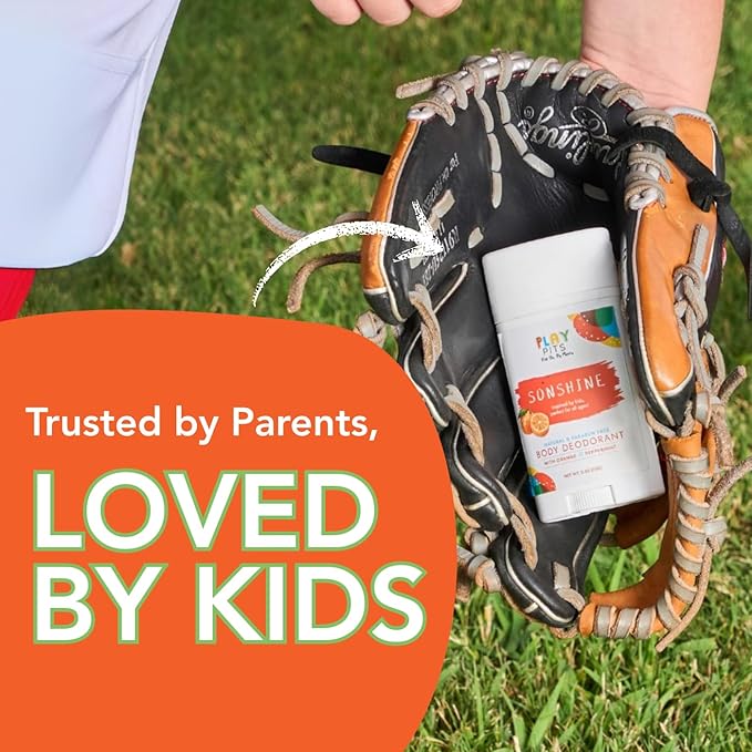 PLAY PITS - Kids Deodorant for Girls & Boys - Natural - Aluminum-Salt Free - Safe for Sensitive Skin – SONSHINE is Infused w/Orange & Peppermint Oils - Non-Toxic & Paraben Free - 2.65oz - 2pk