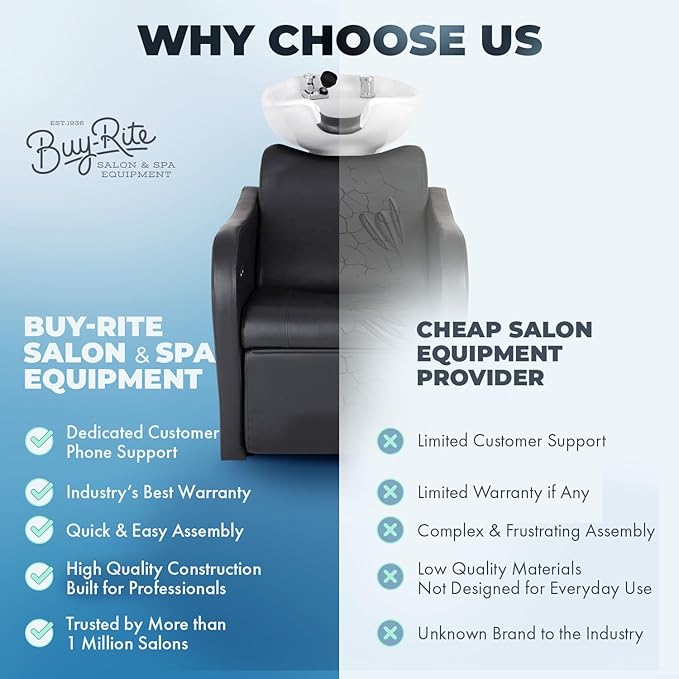 Buy-Rite Lexus Backwash Unit - Professional Salon Shampoo Chair with Tilting White Porcelain Bowl, Kick-Out Leg Rest, Extra Wide Seat & Single-Handle Faucet, Black Chair, TS-8018B