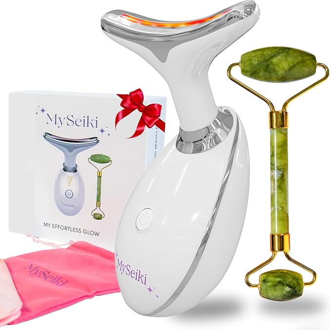 7 LED Light Beauty Tool – Face and Neck Massager with Jade Roller, Case, and Cloth – White
