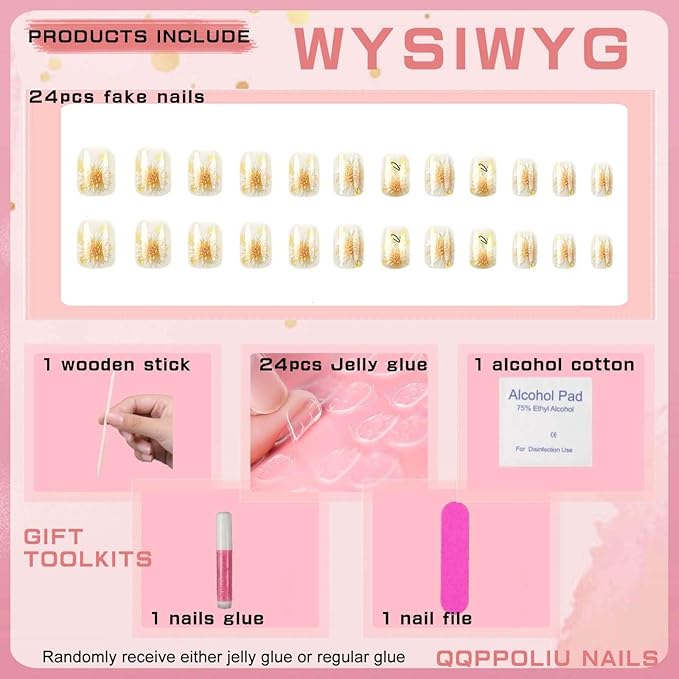 Short Square Press on Nails White Fake Nails with Flower Design Spring False Nails for Girls and Kids 24pcs