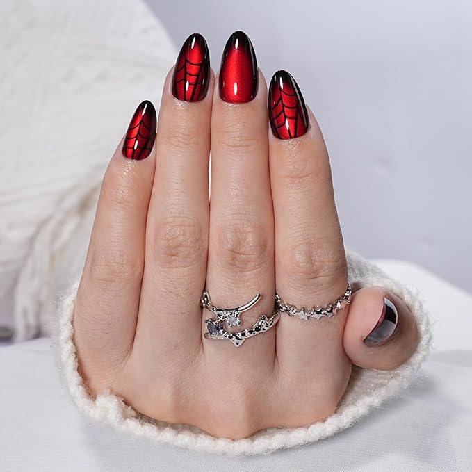 Red Press on Nails, Short Press on Nails Almond Reusable Glossy Cat Eye Nails Soft Gel False Nails Web Press ons for Women, 16 Sizes 32 Count Nails Kit with Glue (SV-10)