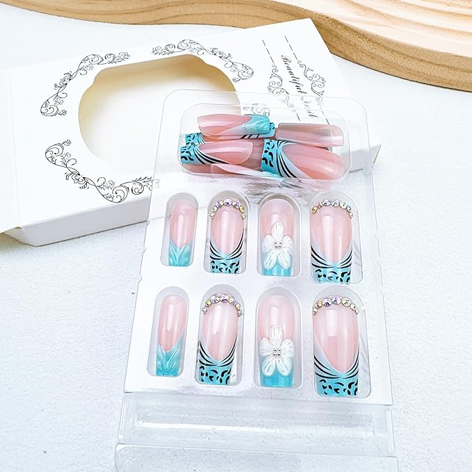 24pcs Blue French Tip Press on Nails Medium 3D Flower Fake Nails Square Nail Tips with Rhinestones Designs Cute Summer Floral False Nails Kit Full Cover Glossy Glue on Nails for Women