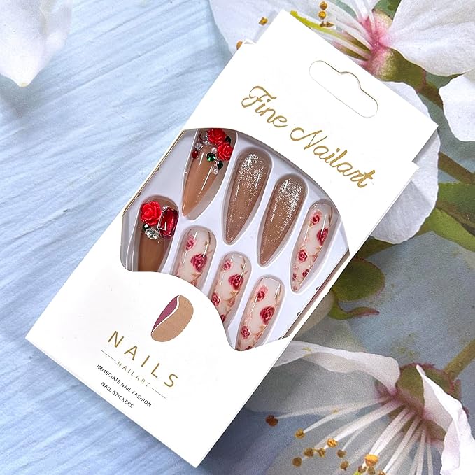 Flower Press on Nails Extra Long Red Floral Rhinestones Design Almond Tip Acrylic Cat Eye False Nail Full Cover Glossy Handmade Artificial Fingernails 24Pcs Reusable Press Ons Glue on Nails for Women
