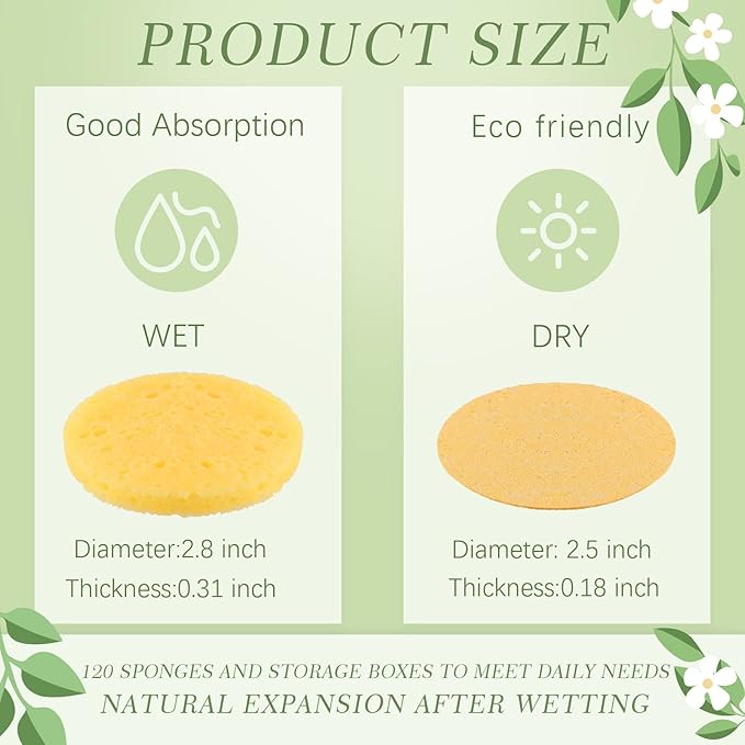 120 Pcs Compressed Facial Sponges Natural Face Exfoliator Disposable Face Sponges for Cleansing Round Soft Facial Scrubber Pads with Storage Container for Makeup Removal Esthetician Supplies Travel