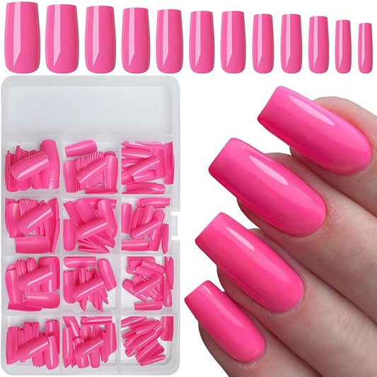 LuckForever 240pc Square Press on Nails Long Fake Nails Glue Press on Nails Square Nail Tips Full Cover Hot Pink Acrylic Nails Press ons Nail False Fingernail & Glue Adhesive Tabs for Women Girls