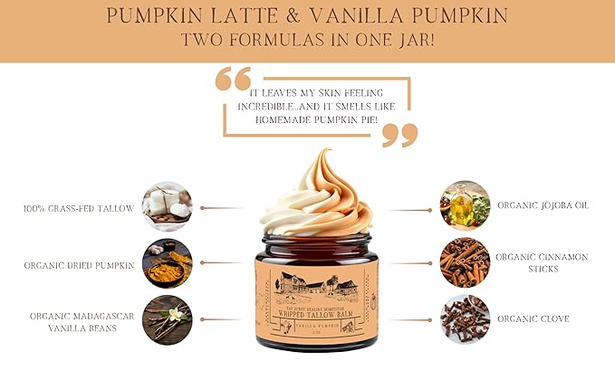 100% Grass-Fed Whipped Tallow Balm & Organic Jojoba Oil infused with Organic Madagascar Vanilla Beans/vanilla coffee/pumpkin & clove: face/body moisturizer: dry, mature skin, (PUMPKIN LATTE)
