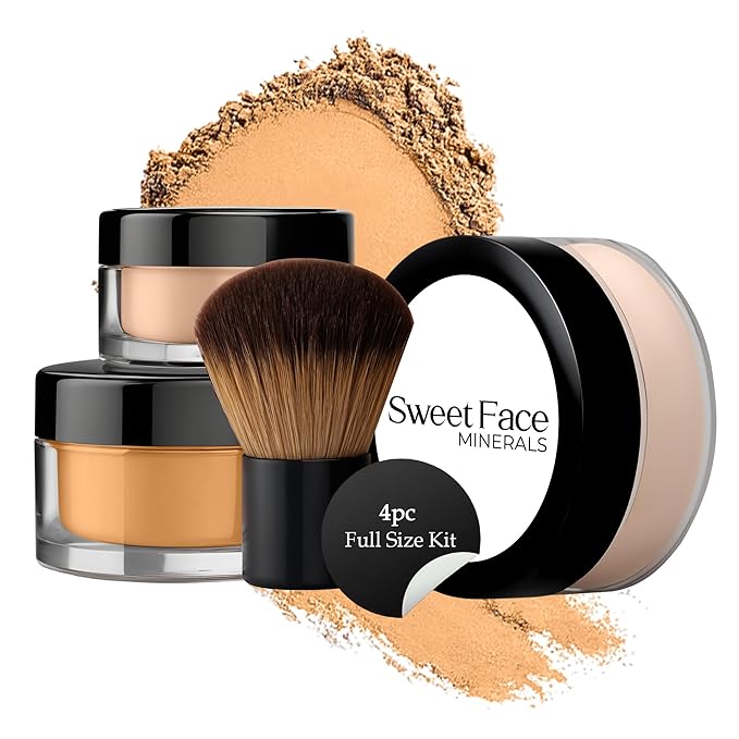 4pc KIT w/KABUKI BRUSH Mineral Makeup Bare Set Full Coverage Concealer Blush Foundation Powder (Deep Tan)