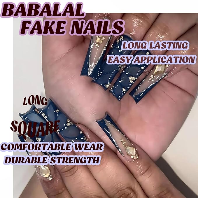BABALAL Press on Nails Long Square Fake Nails Blue French Tip Glue ons Butterfly Gold Rhinestone Charm Design Shine Acrylic Nails Supplies Squoval 24Pcs Luxury DIY Handmade Stcik on False Nail Art