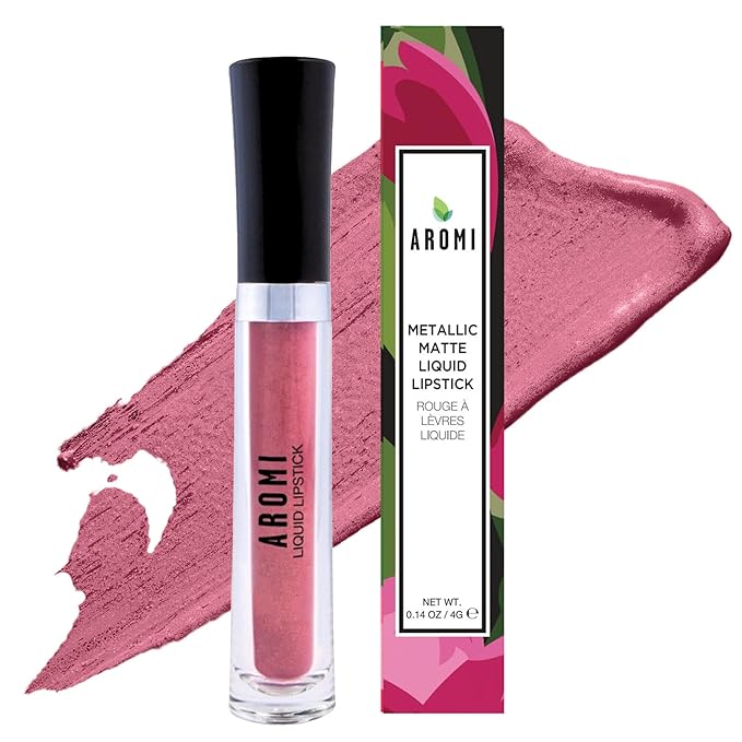 Aromi Metallic Liquid Lipstick | Rosy Chestnut Lip Color with Shimmery Finish, Vegan, Pink Nude Shade, Long-lasting, Waterproof (Alpine Bloom)