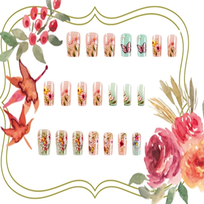 24Pcs Flower Press on Nails Medium Ballet Shaped Butterfly False Nail Colorful Floral Pattern Design Full Cover Artificial Stick on Nail Press Ons with Blossom Glossy Acrylic Glue on Nails for Women