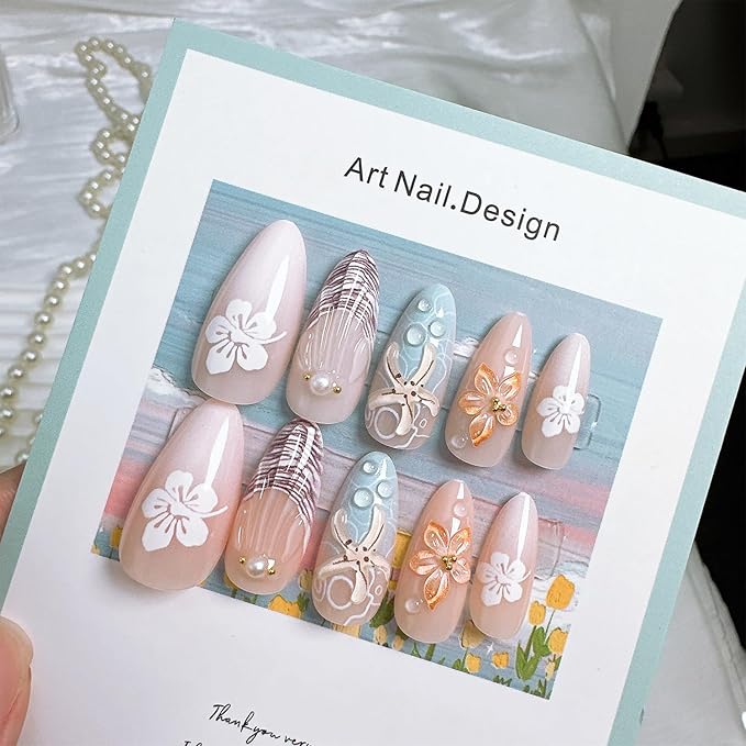 24 Pcs Summer Press on Nails Medium Almond Fake Nails with Pearl Gold Beads Designs 3D Starfish Flower Glue on Nails French Tip Acrylic Nails Beach False Nails Full Cover Stick on Nails for Women