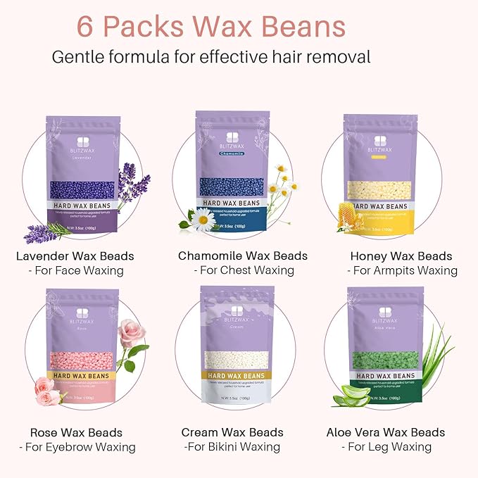 BLITZWAX Brazilian and Bikini Waxing Kit for Women, Hard Wax Warmer for Face, Legs, and Body, At Home Hair Removal Kit, Beginner Friendly, Quick Heating, 6 Packs Wax Beads