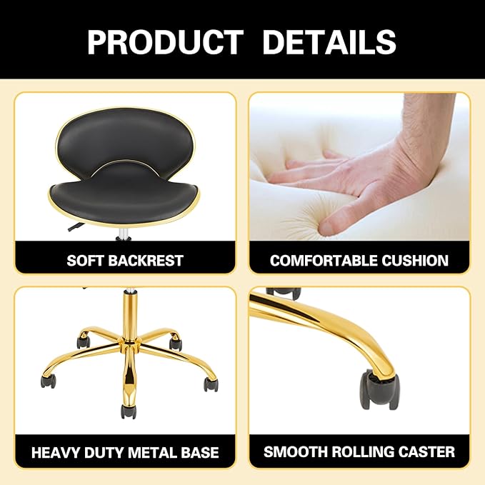 Adjustable Nail Tech Chair Rolling Stool with Backrest, Salon, Lash, Nail Tech and Hair Stylist, Massage Tattoo Facial Stool with Wheels - Black