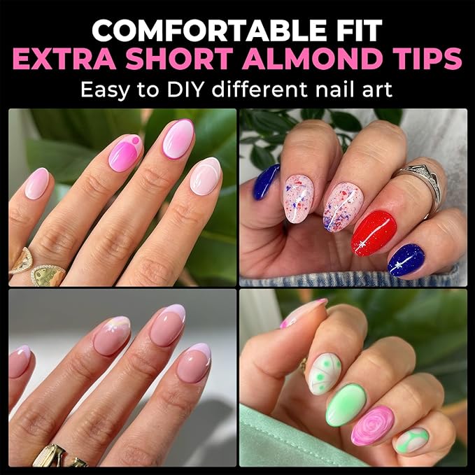 UNA GELLA Extra Short Almond Nail Tips Full Cover 216PCS Gel Nail Tips Short Almond Shaped Nails Tips Soft Gelly Gel Clear Fake Nails Tip for Acrylic Nail Tip Soak Off Home DIY Salon Nails 12 Sizes