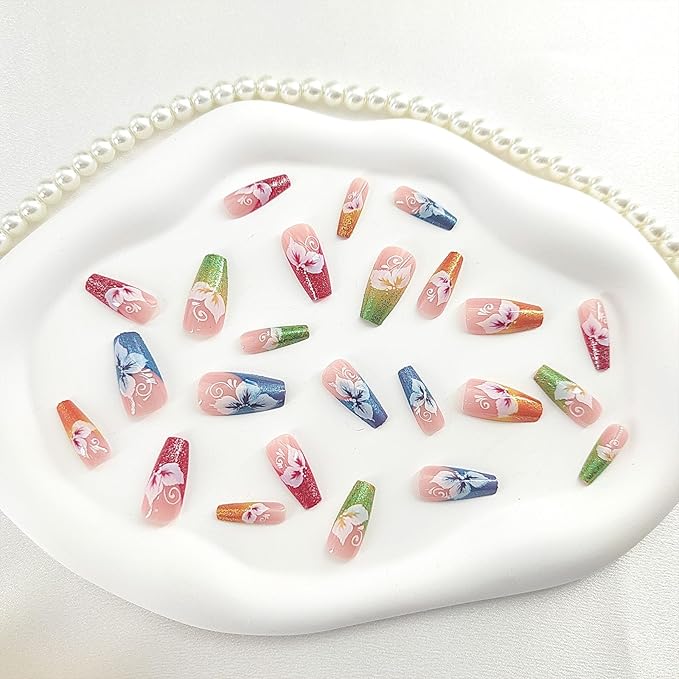 Coffin Press on Nails Medium Colorful French Tip Fake Nails Press ons Flower Glitter Design Glue on Nails Pink Full Cover False Nails Glossy Artificial Acrylic Nails for Girls 24Pcs