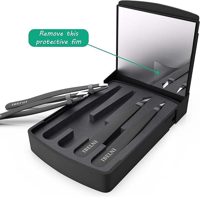 Tweezers Set with Mirror Case - Tweezers for Women facial hair-Professional Twizzers Facial Hair Tweezers for Eyebrows- Stainless Steel Tweezer kit with mirror compact (Black)