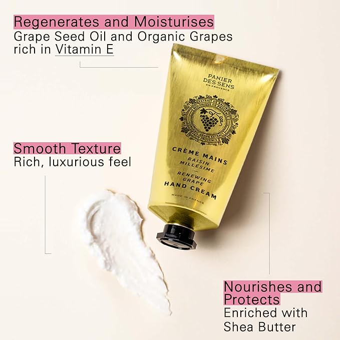 Panier des Sens Grape Hand Cream - Nourishing Shea Butter Hand Cream for Dry Cracked Hands 97% Natural Ingredients - Dermatologically Tested Hand Lotion for Woman Made in France, 2.5 fl oz