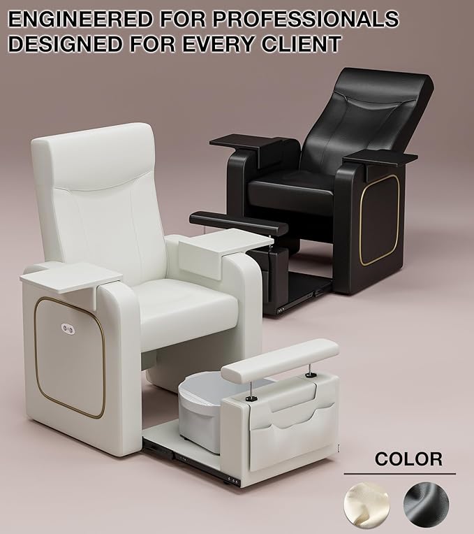 VARONXE Electric Reclining Pedicure Chair No Plumbing for Foot Spa, Profesional Pedicure Stand with Tool Pouch for Nail Teach, Ergonomic Pedi Sofa with Sliding Tray for Small Spaces, Off-White