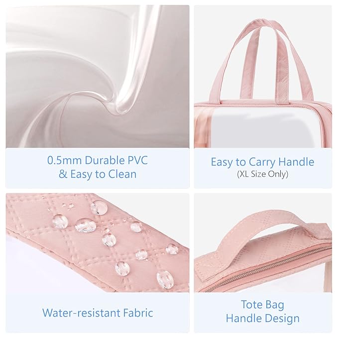 PACKISM Clear Toiletry Bags, 3 Pack Clear Makeup Bags with Handle Large Opening, Waterproof Cosmetic Bags Fit Carry-on Travel Essentials, Travel Bags, Pink