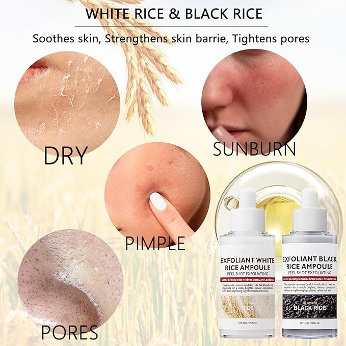 2PCS Peel Shot Glow Rice Ampoule Duo, Rice Exfoliating Ampoule Set, Black and White Rice Exfoliant, Rice Ampoule Duo Exfoliating Solution, Gentle Peel + Pore Minimizing & Deep Hydration for All Types