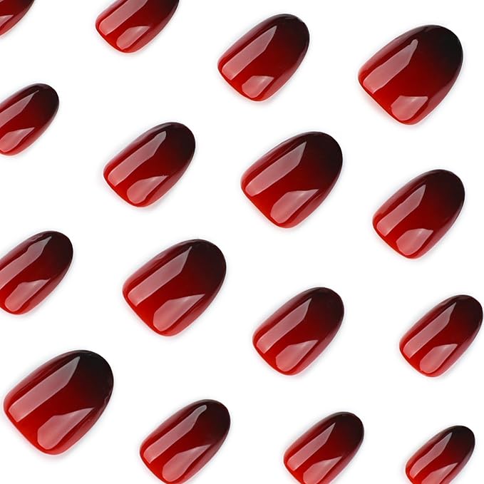 Burgundy Gradient Press On Nails Short Oval, Dark Red Fake Nails with Glossy Gel Finish, Fall Reusable Glue On Nails Kit for Women, Trendy Ombre Design False Nails Set, 24Pcs