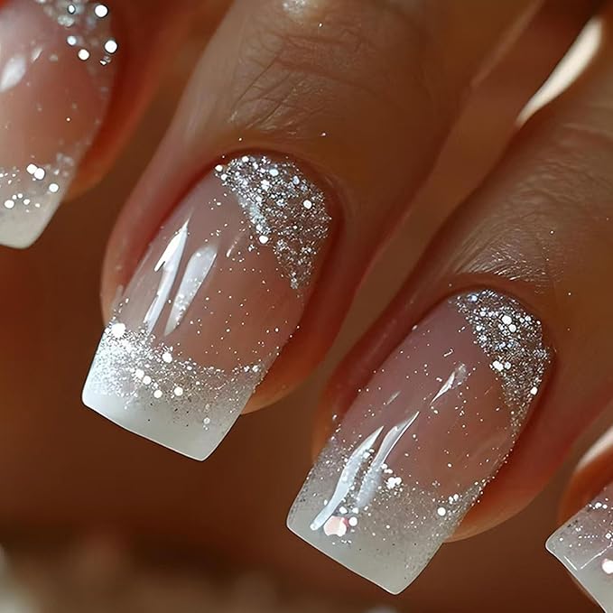 Press on Nails Medium Square Fake Nails French Tip Nails Press ons Glossy Glue on Nails White Ombre Acrylic Nails Brown False Nails with Glitter Designs Artificial Stick on Nails for Women 24Pcs